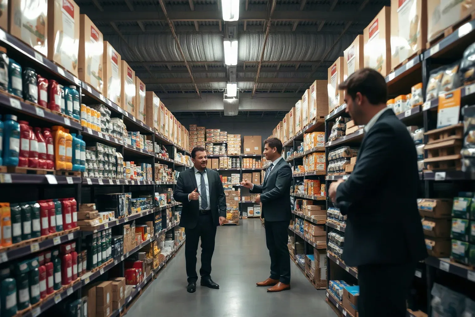 Product shelf in a small e-commerce fulfilment space with goods organised along its full length