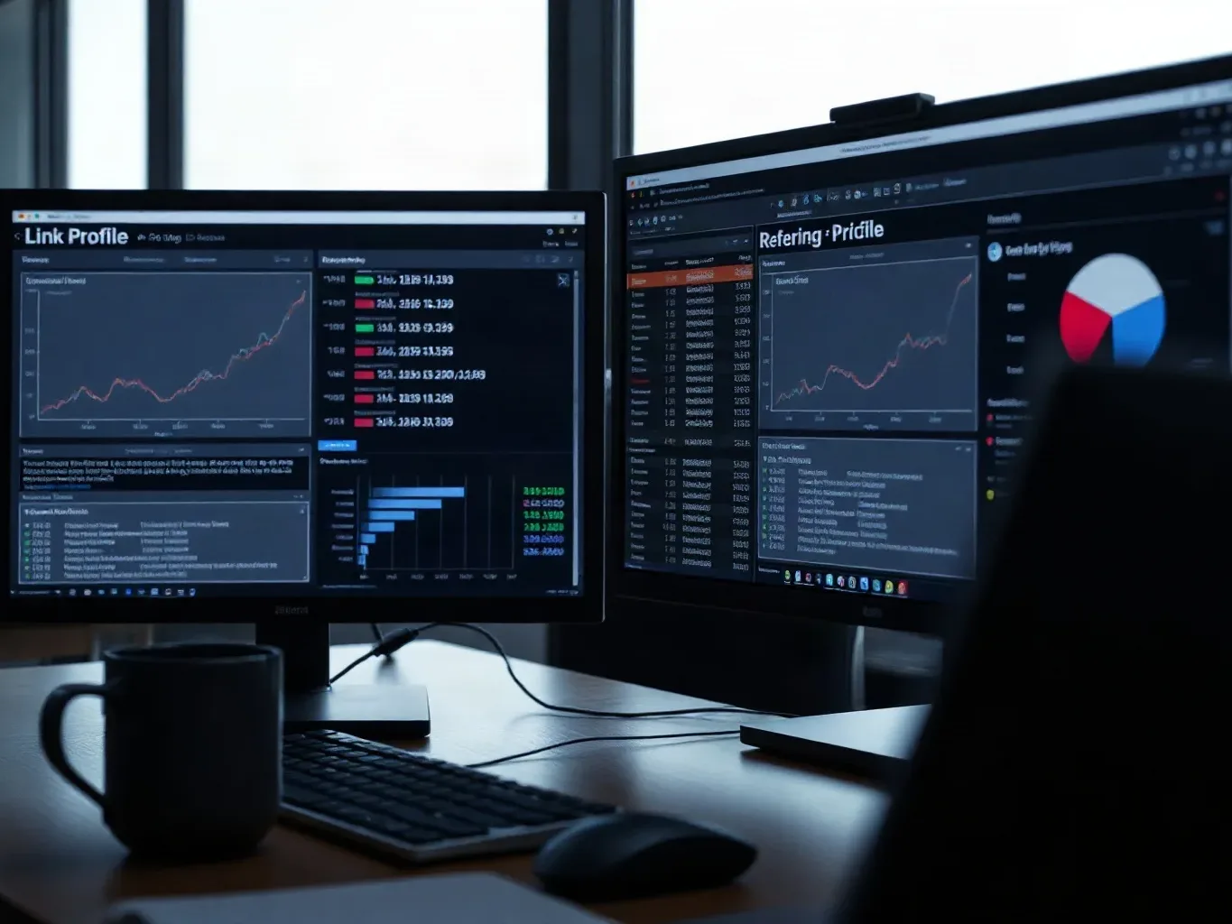 Workstation with dual monitors displaying abstract link-profile data across both screens