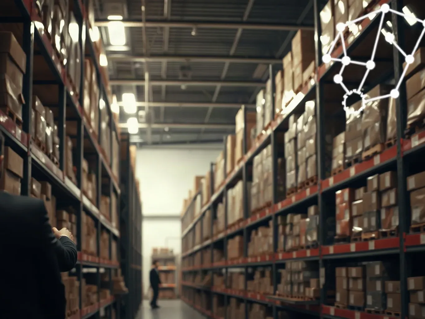 A row of shelving racks inside an e-commerce warehouse with a large inventory on every level