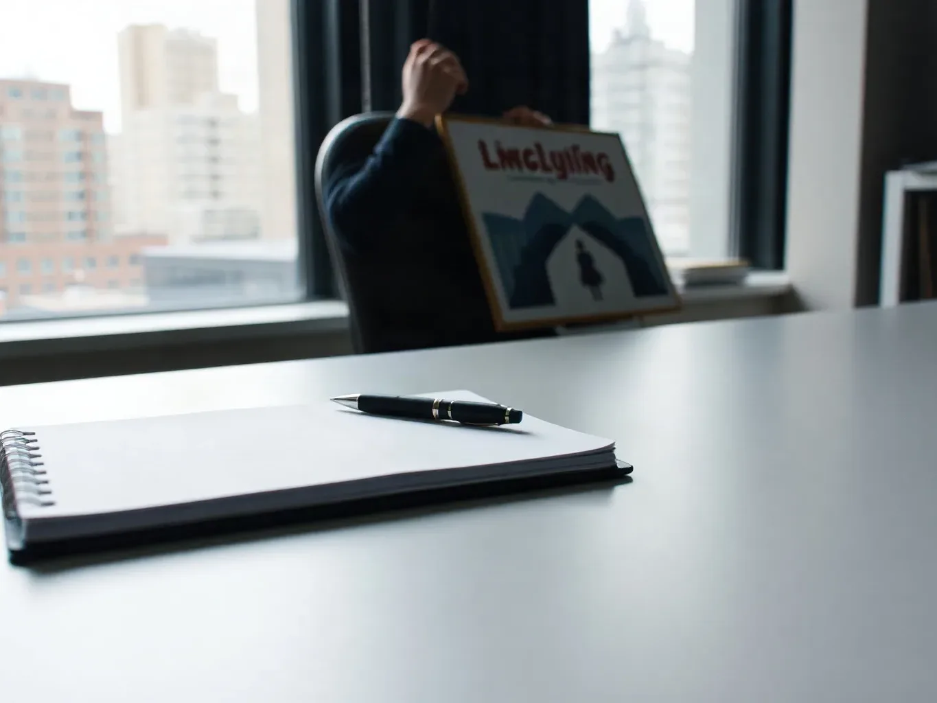 Notebook closed on a desk with a pen laid beside it