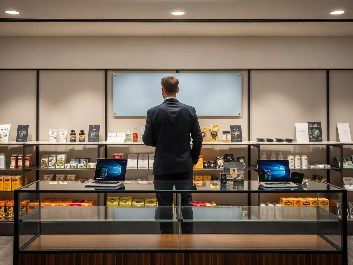 A shop counter with a curated range of products arranged on the shelves behind it