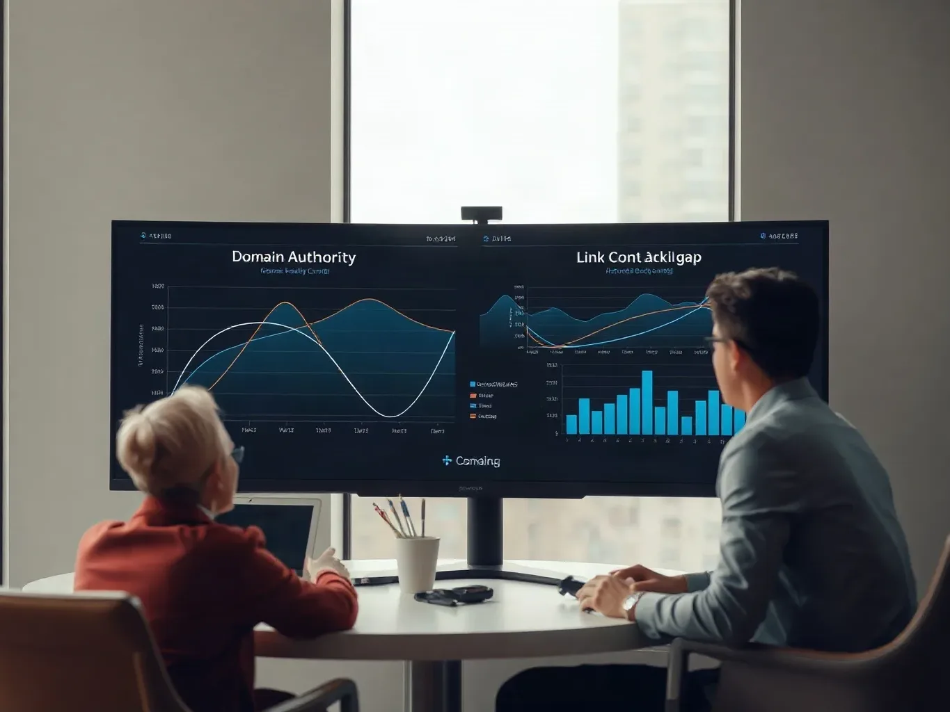 A wide monitor displaying abstract domain-authority curves and link-count graphs