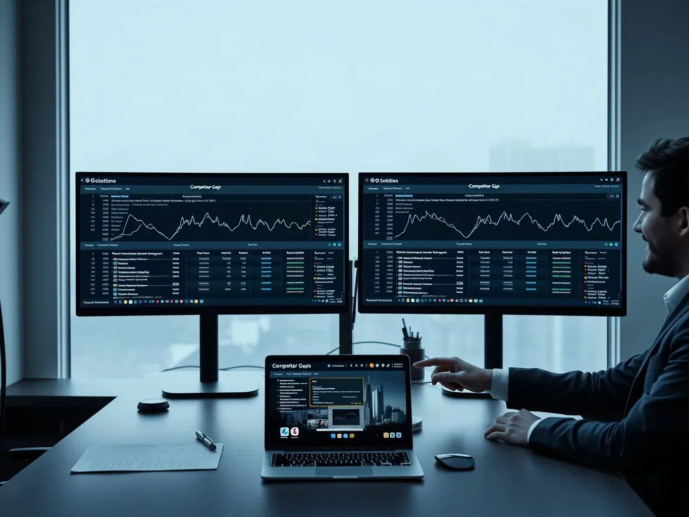 A dual-monitor workstation with abstract link-profile data visible across both screens