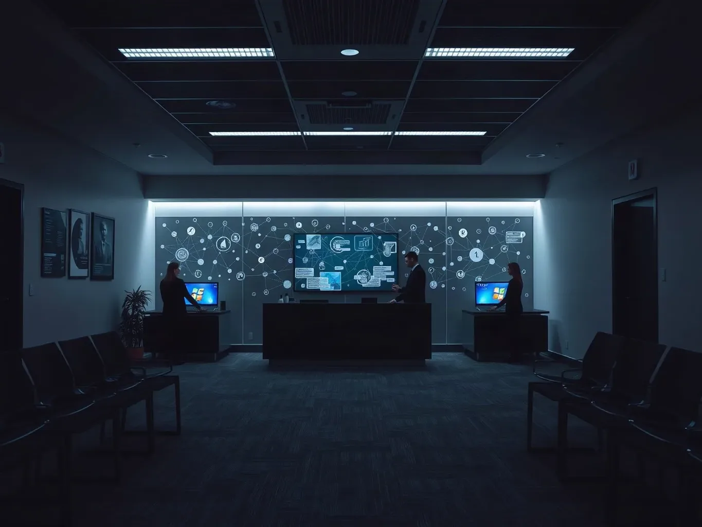 A small-business reception area with a desk and waiting chairs