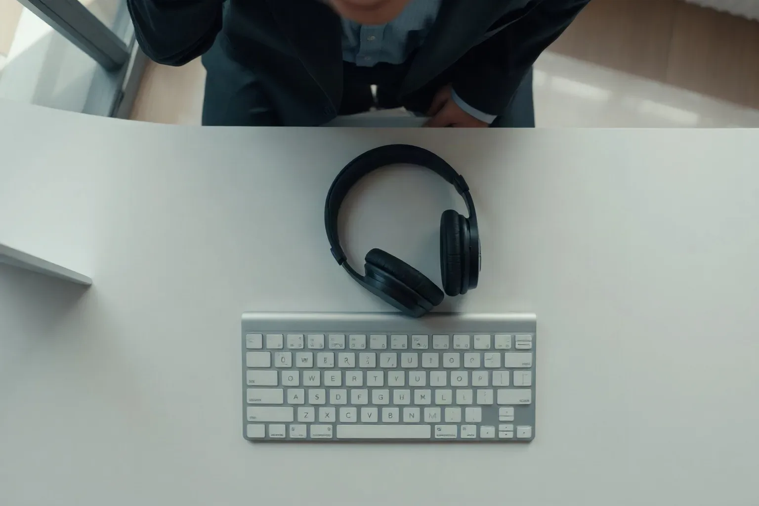 A professional headset resting beside a keyboard on a desk