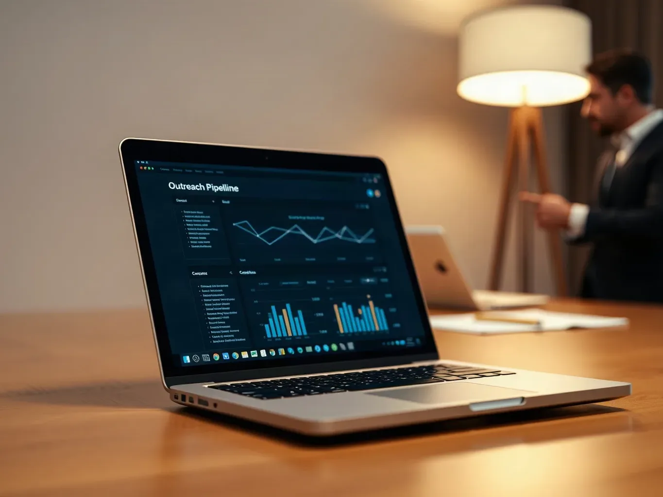 A laptop open on a meeting table with its screen showing abstract outreach-pipeline data