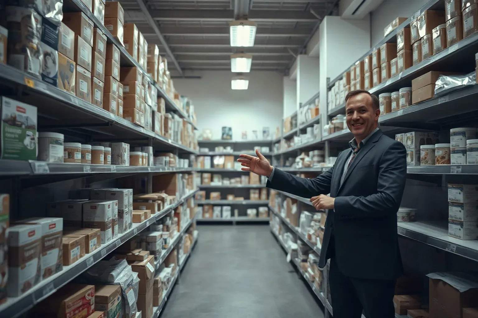 A neatly stocked product shelf in a small e-commerce fulfilment space