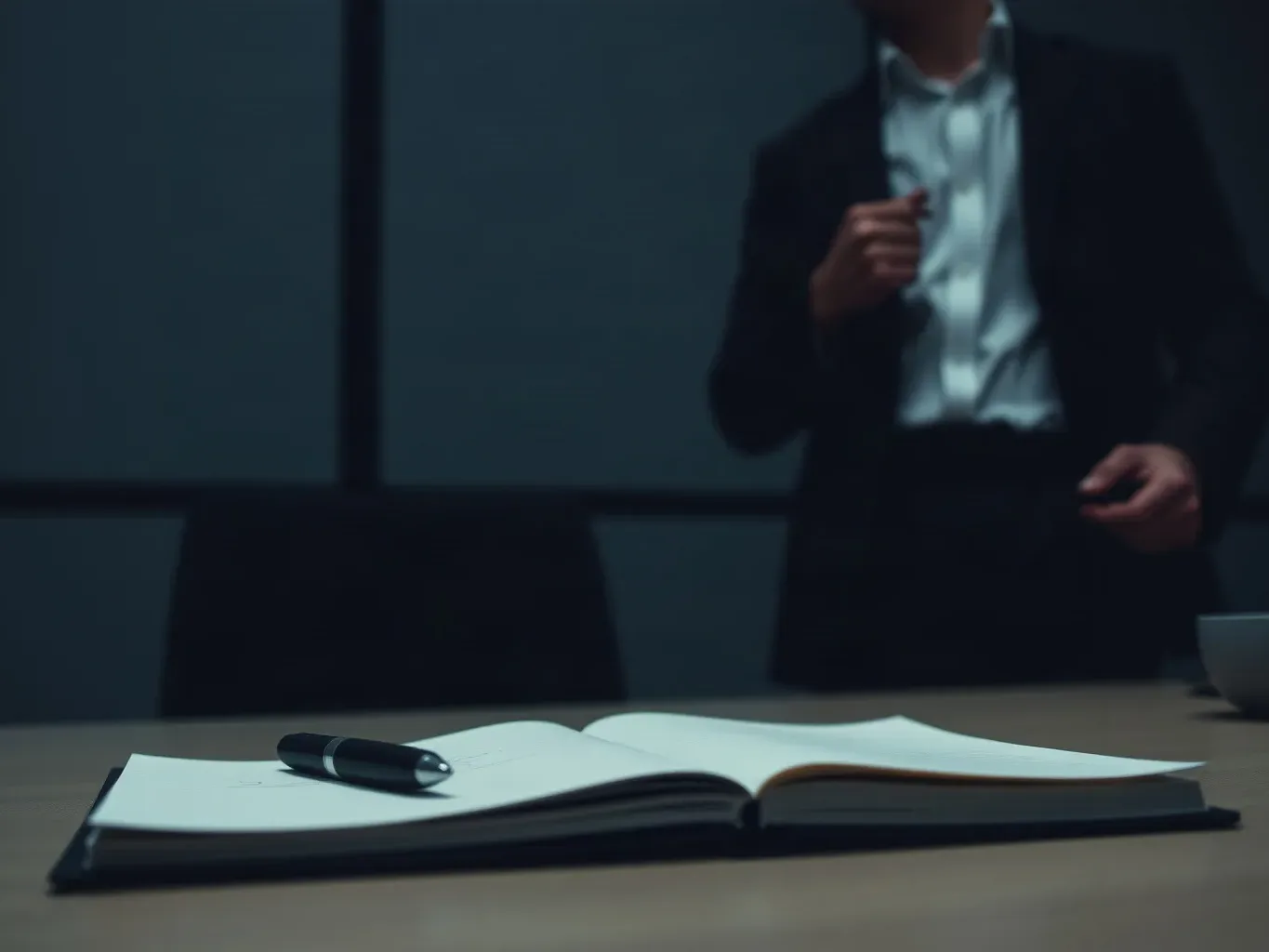 Notebook closed on a desk with a pen laid beside it