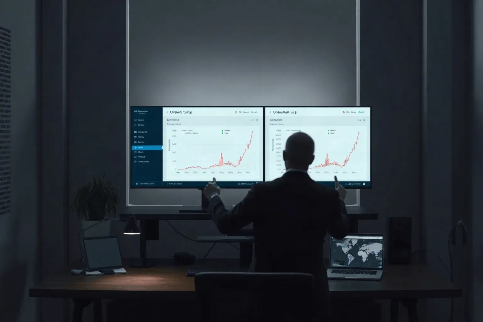 Workstation with dual monitors showing abstract outreach-pipeline data across both screens