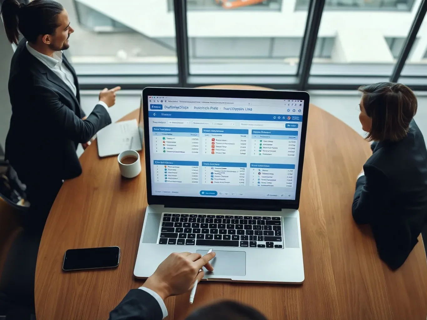 A laptop open on a meeting table with its screen showing abstract outreach-pipeline data