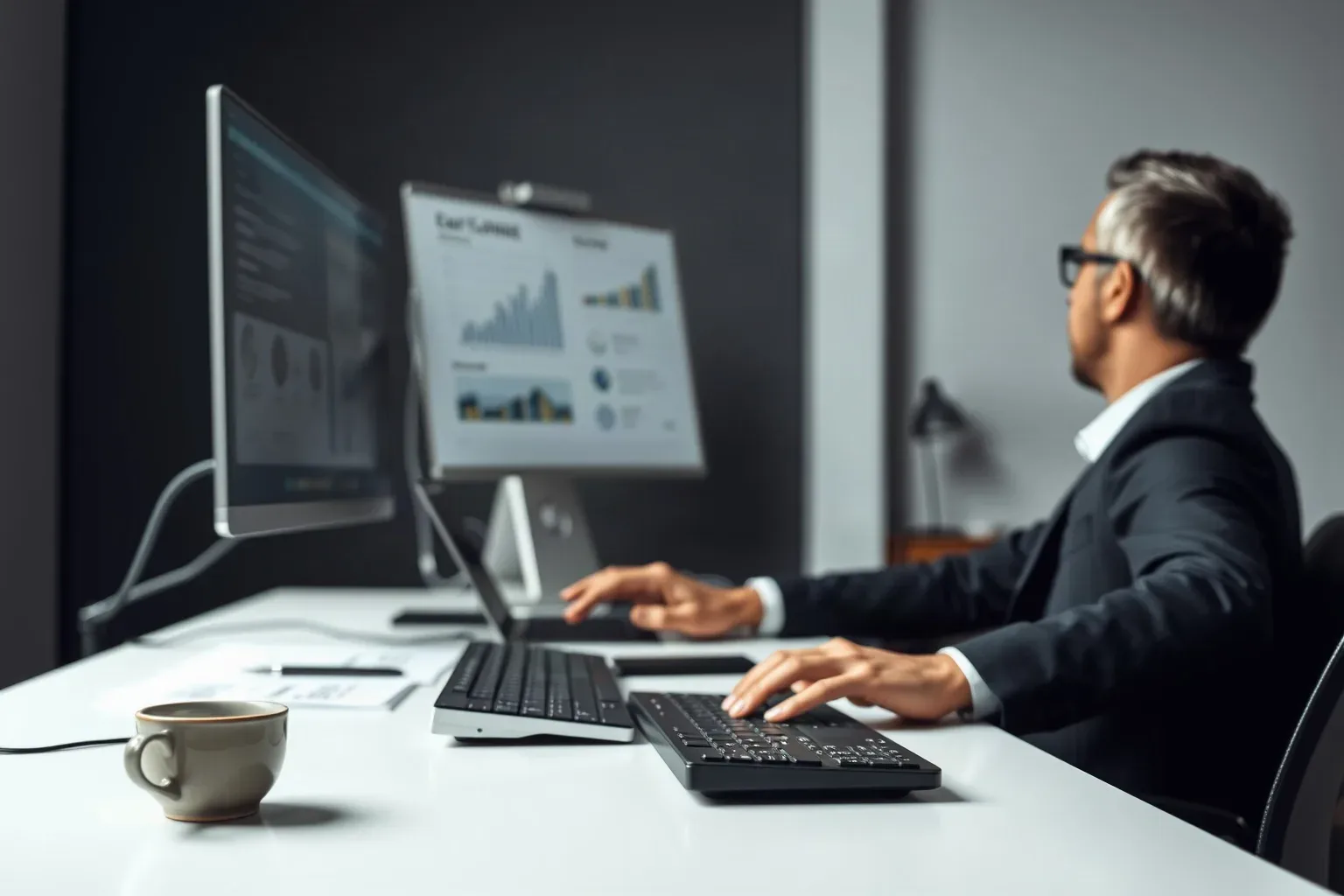 A ceramic coffee cup beside a keyboard during a deep-work session reviewing organic landing-page sessions month over month