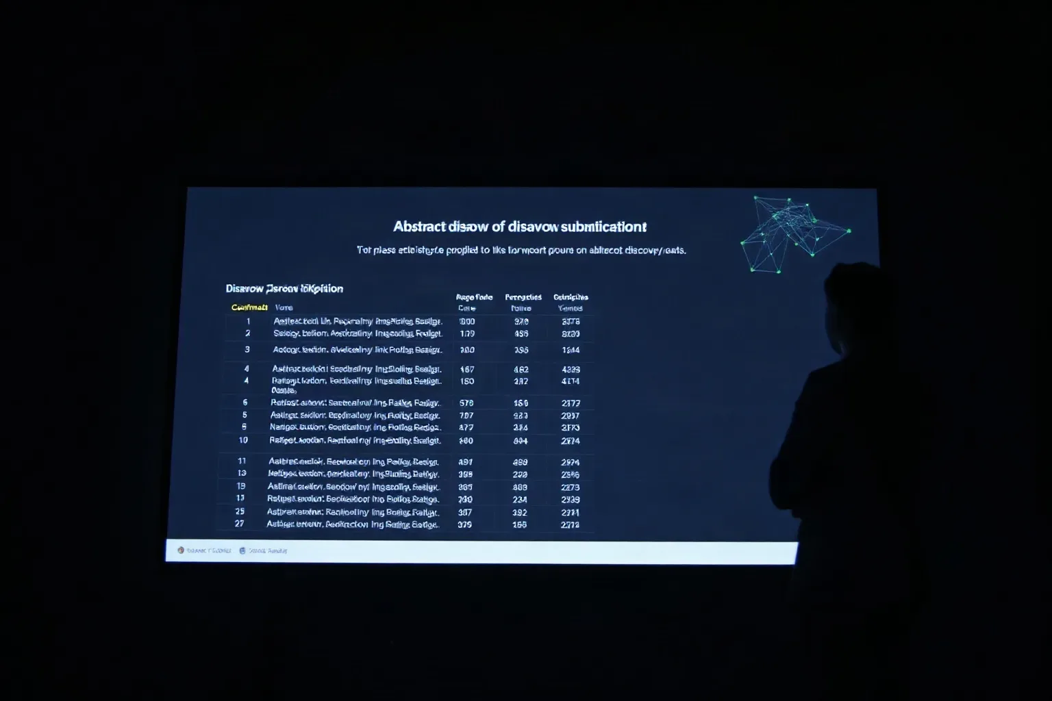 Wide monitor displaying abstract link-profile data as a completed disavow submission is confirmed