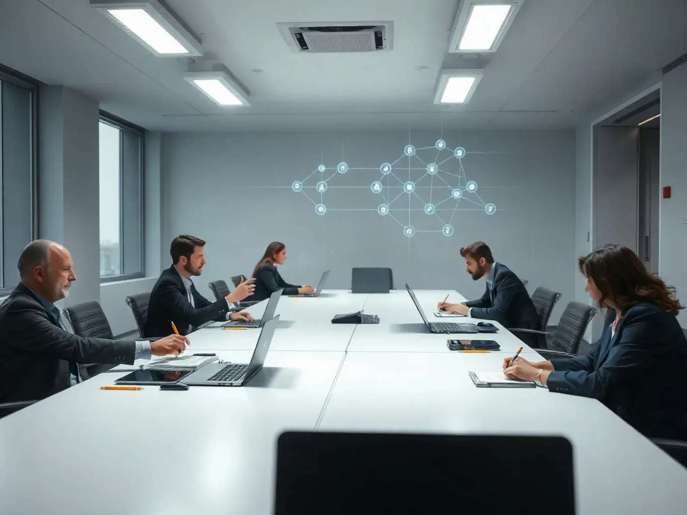 A long meeting table set for a prospect-list review session with pens and devices arranged across the surface