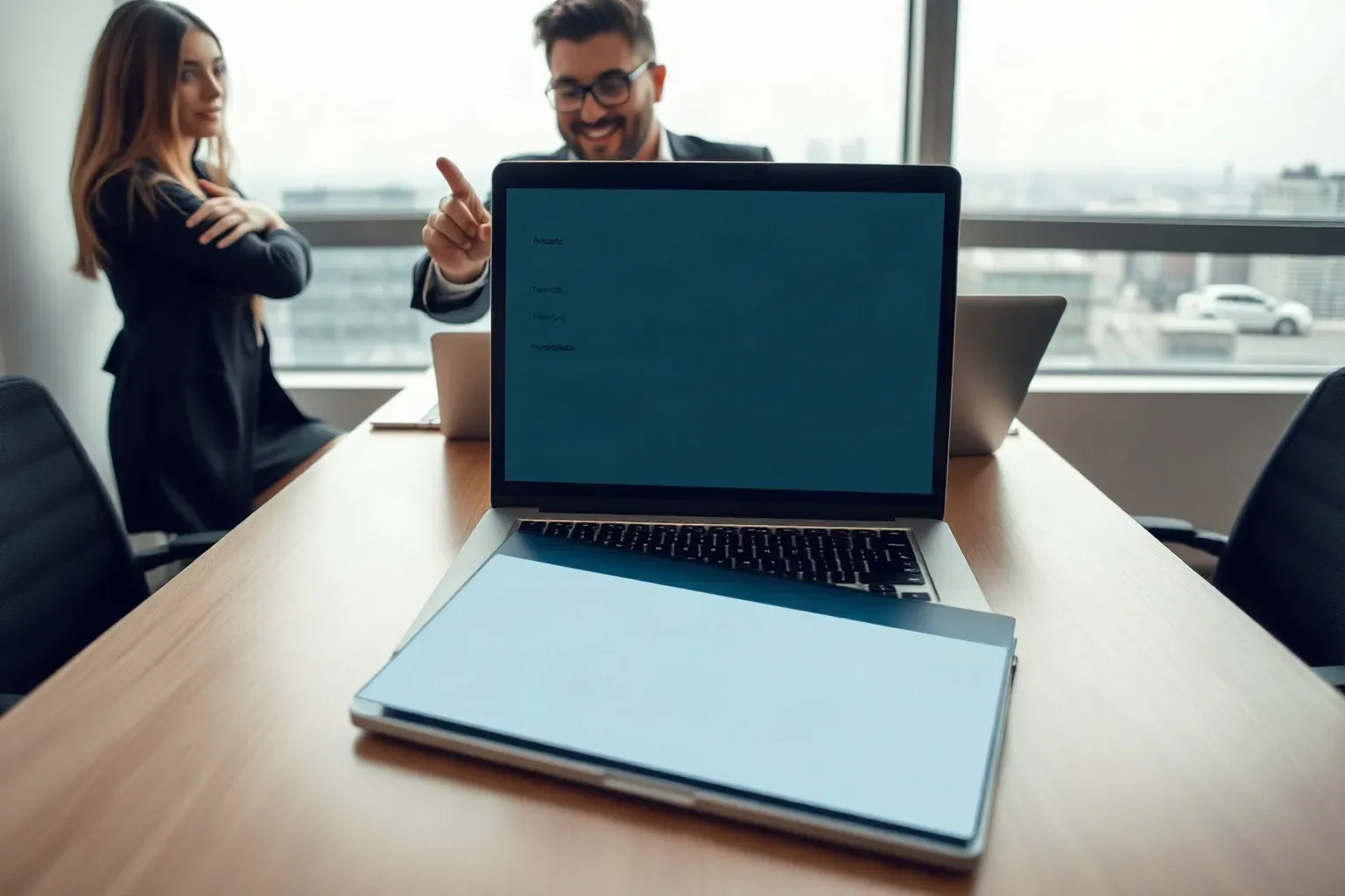 Laptop open on a meeting table showing abstract intake-form data as target URL