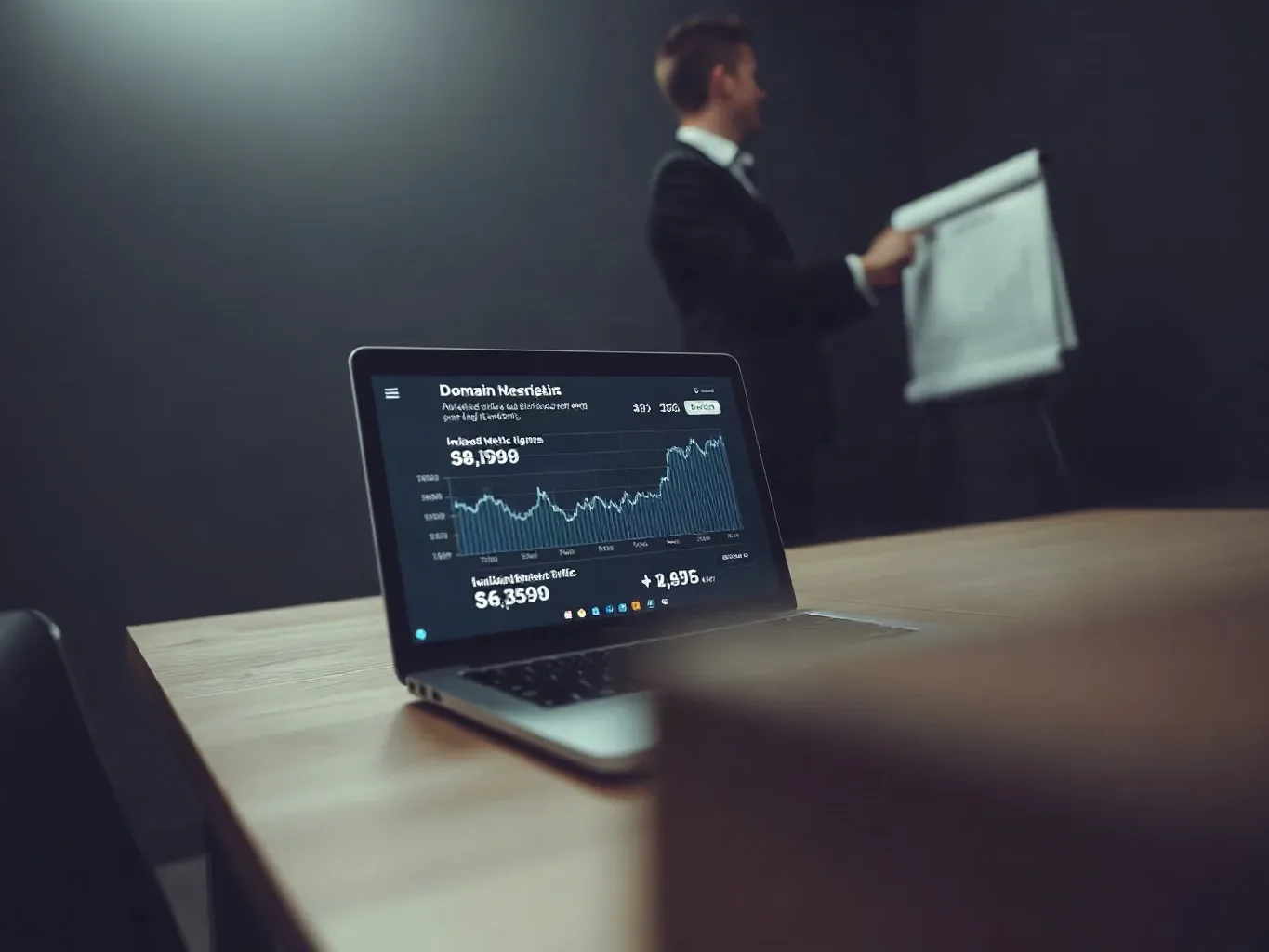 Laptop open on a meeting table showing abstract domain-metric data as inflated DR figures are checked against independently