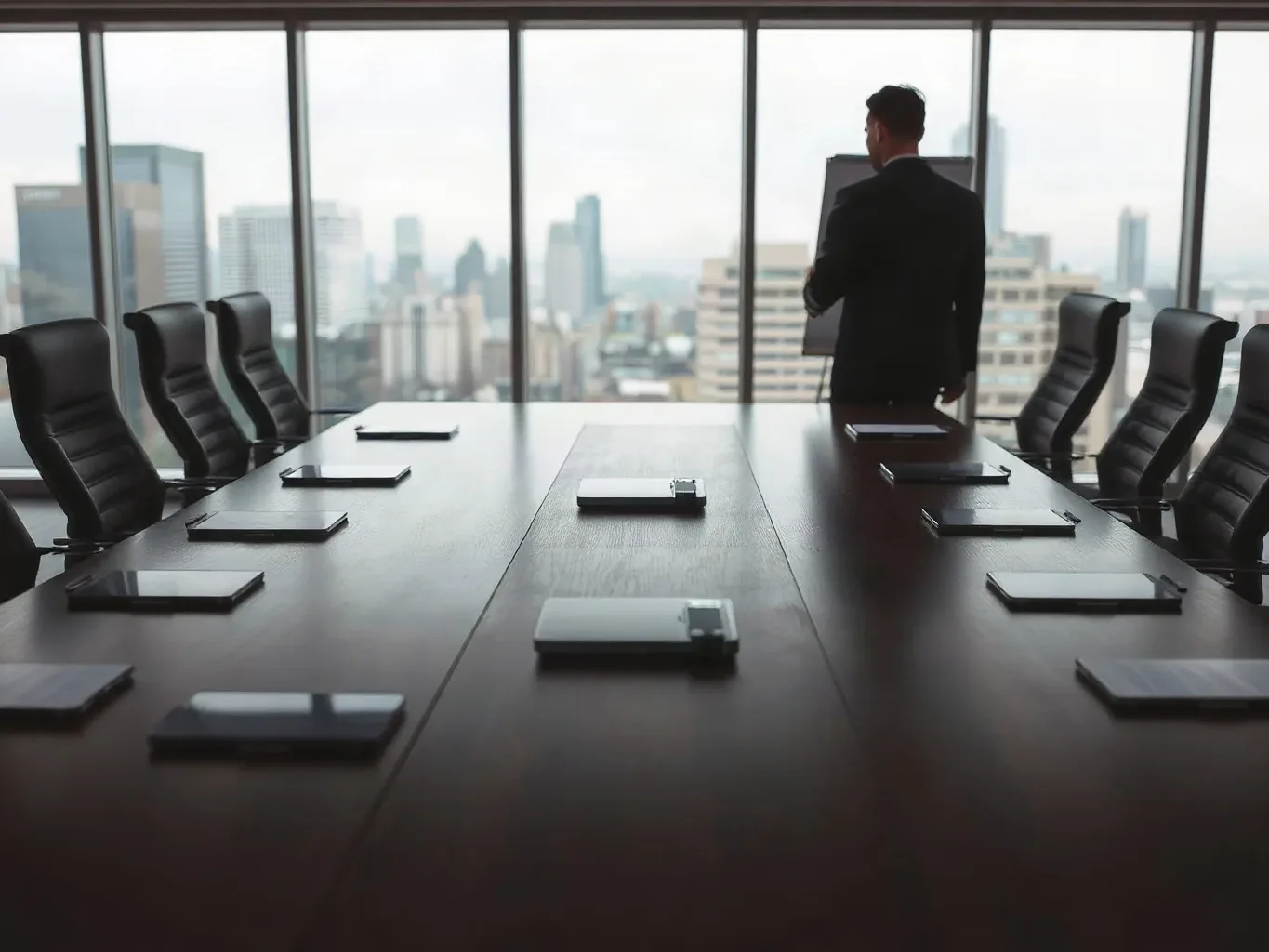 A long meeting table set for a HARO onboarding session with devices and pens arranged across the surface