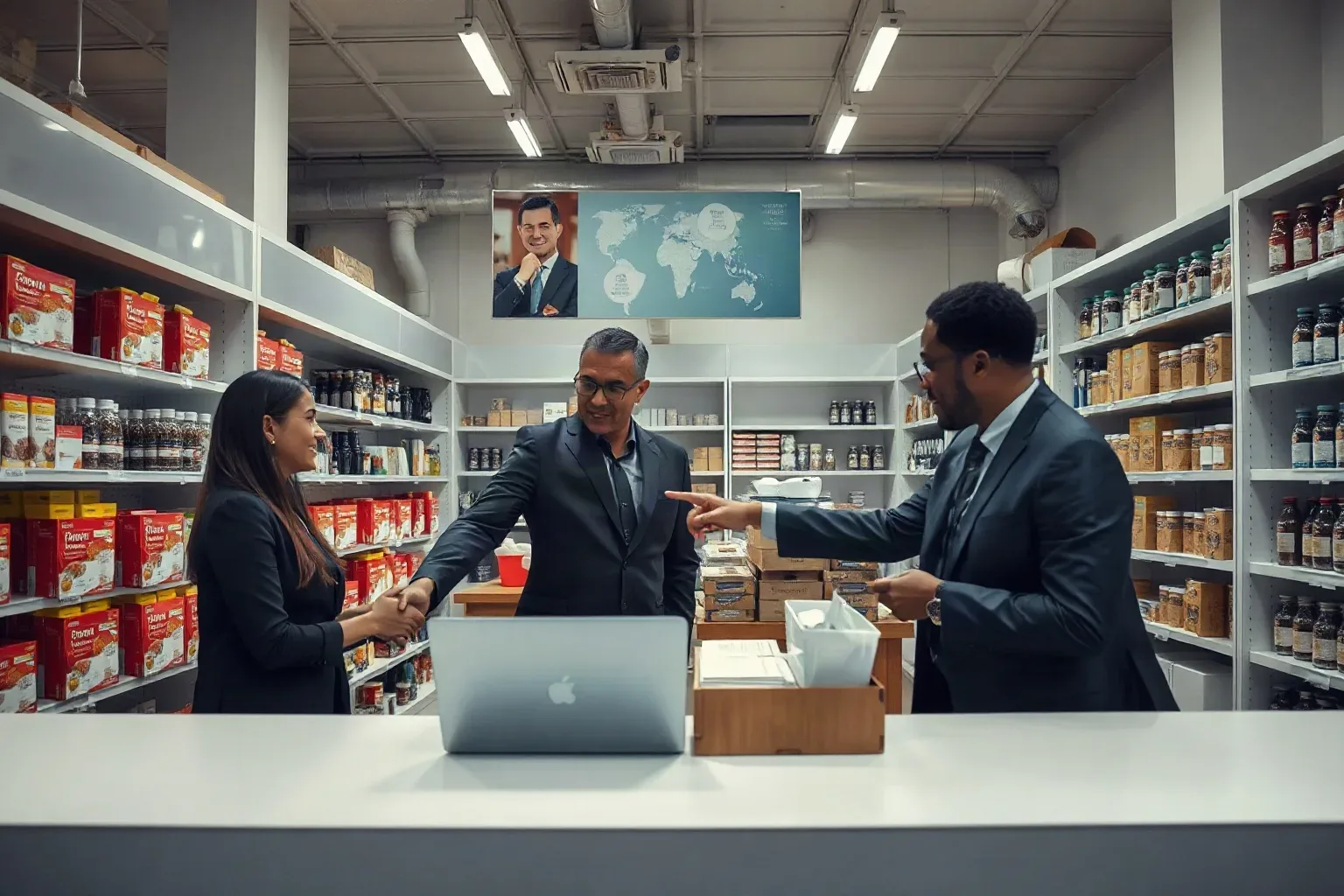 Shop counter with products arranged on the shelves behind it
