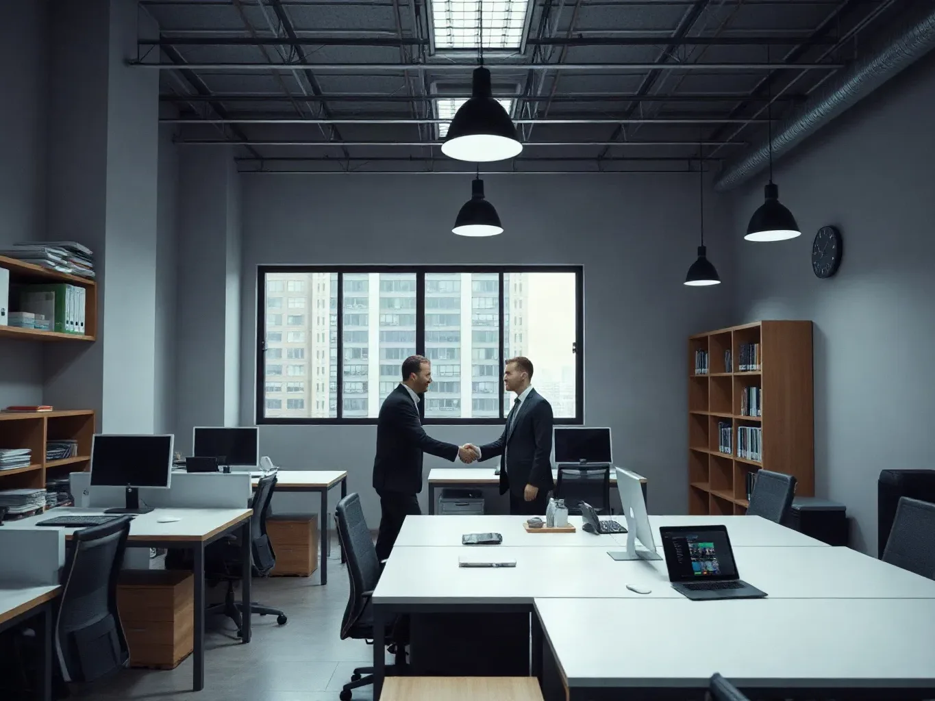 A modest commercial trade office interior with desks and open shelving