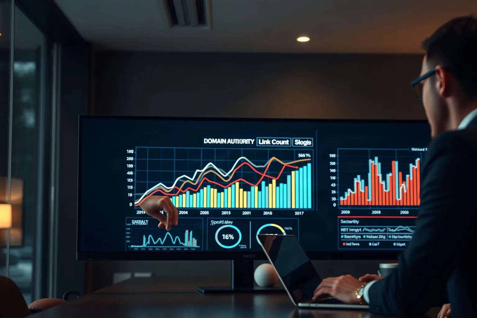 A wide monitor displaying abstract domain-authority curves and link-count graphs