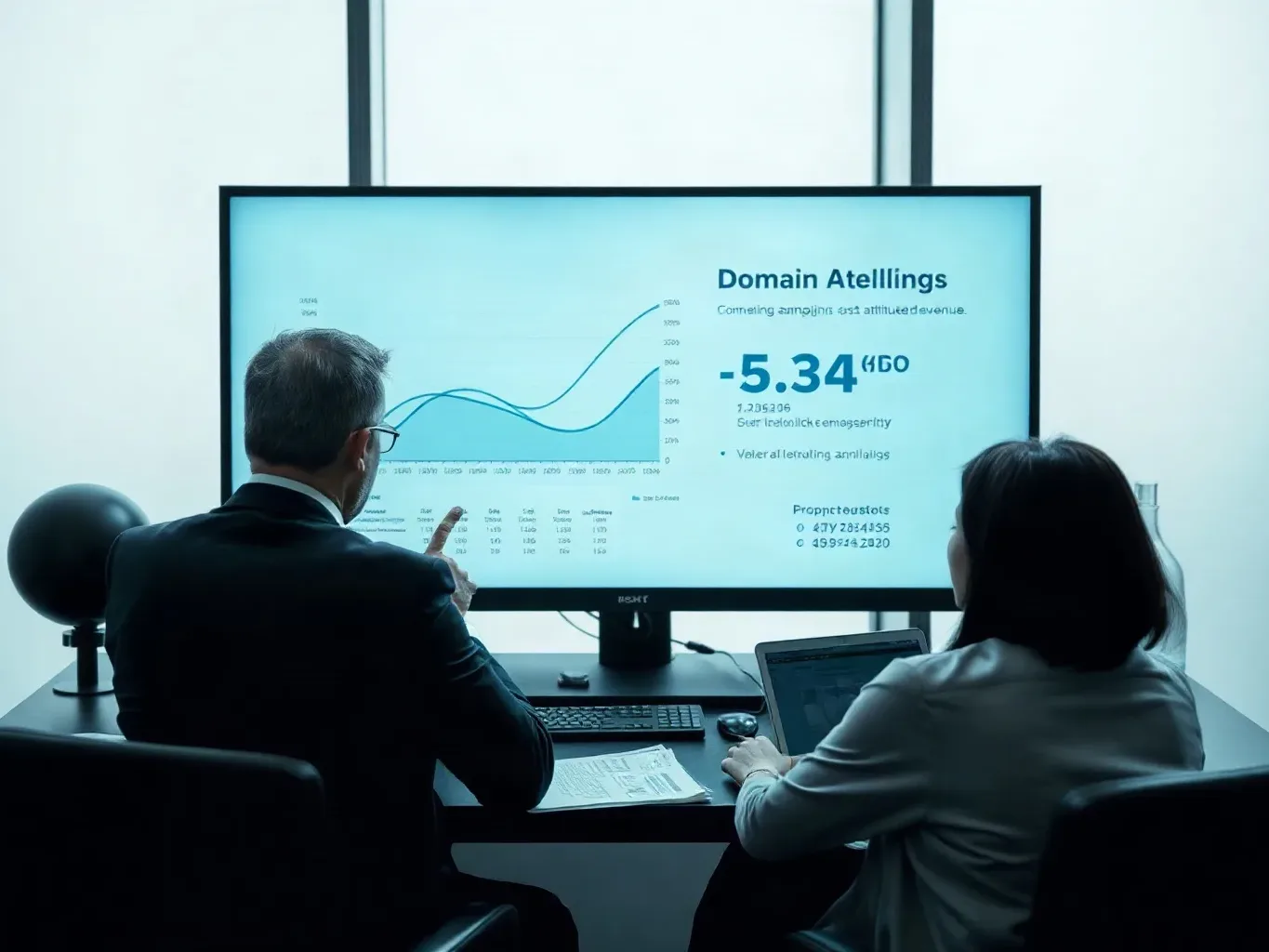 A wide monitor displaying abstract domain-authority curves and ranking trend data