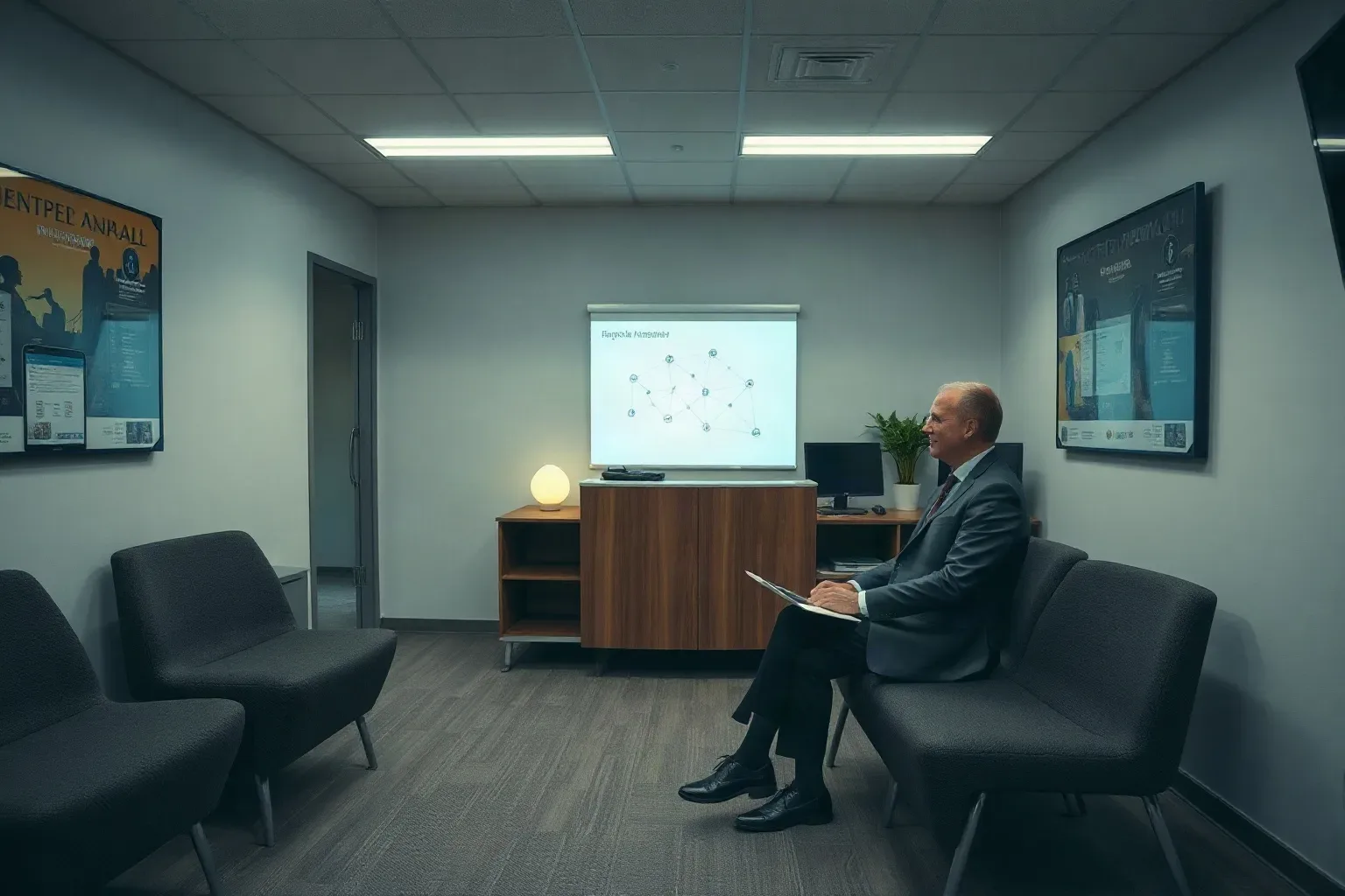 A small-business reception area with a desk and waiting chairs