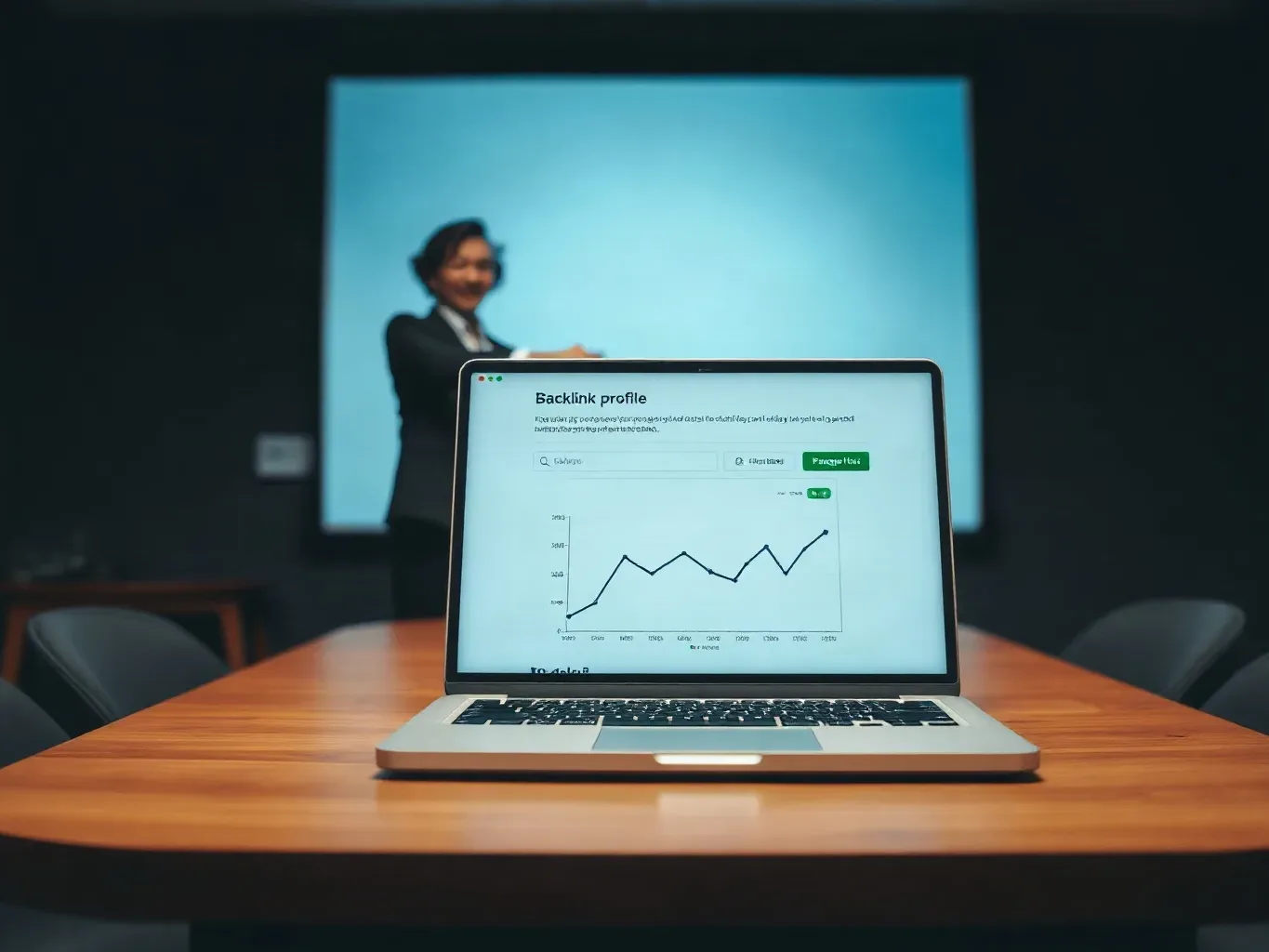 A laptop open on a meeting table with its screen showing abstract backlink-profile data