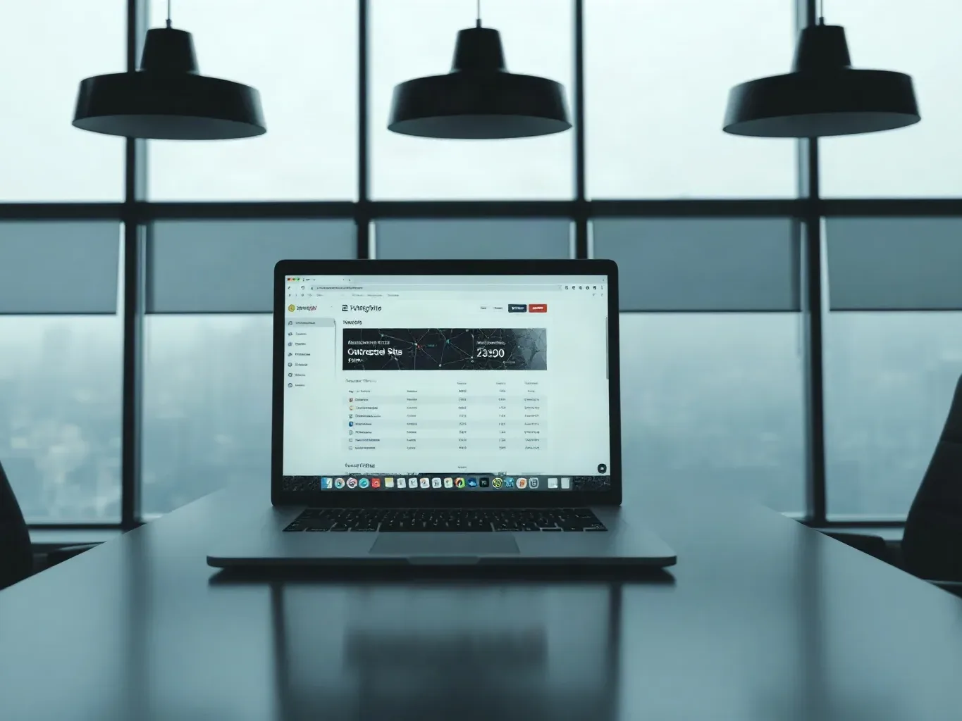 A laptop open on a meeting table with its screen showing abstract outreach-pipeline data